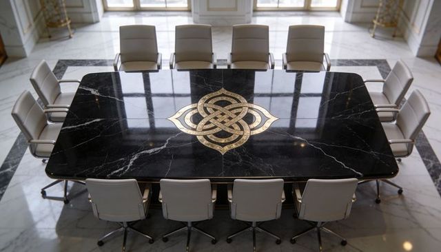 Displaying black marble conference table with gold knot inlay and cream executive chairs