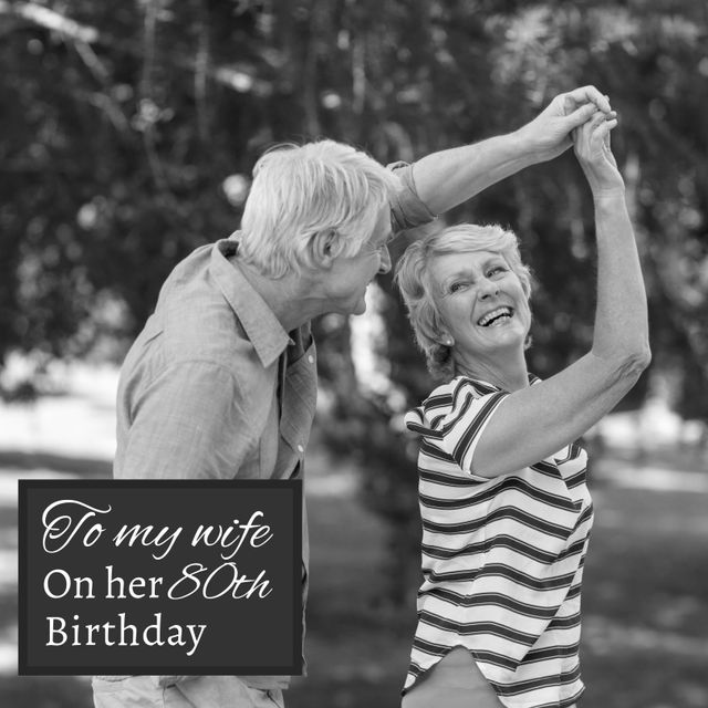 Elderly Couple Dancing Outdoors Celebrating 80th Birthday in Black and White - Download Free Stock Templates Pikwizard.com