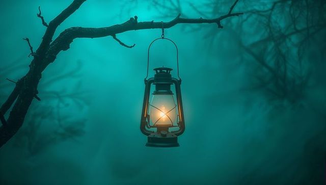 Vintage Lantern Glowing in Mysterious Misty Forest