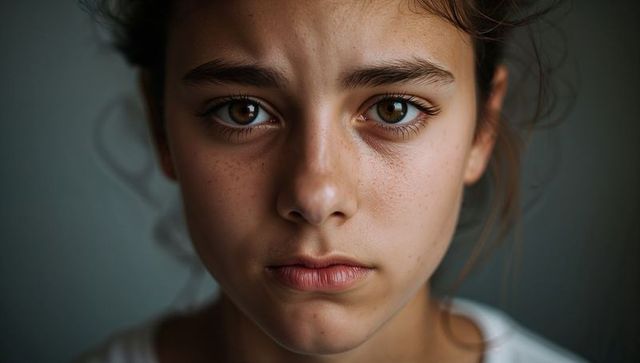 Staring teenage girl closeup portrait with serious freckled face and brown eyes, soft-lit