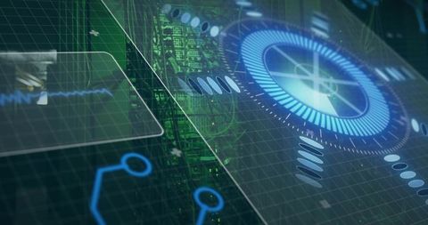 Projecting holographic HUD over datacenter racks with grid, waveform and circuit overlays