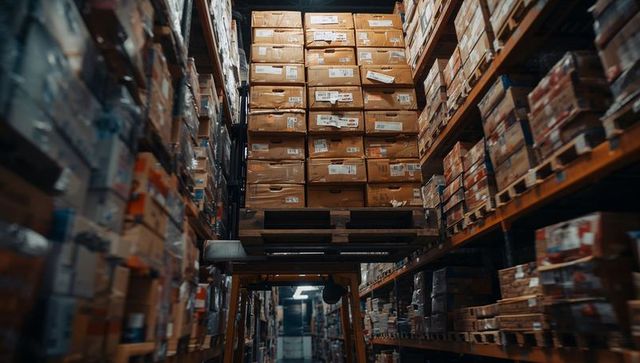 Stacked cardboard boxes on warehouse shelves with forklift presence