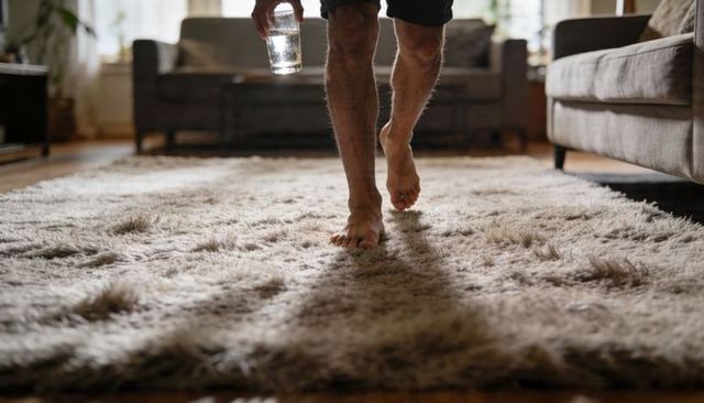 Barefoot man walking on plush shag carpet holding glass in sunlit cozy living room