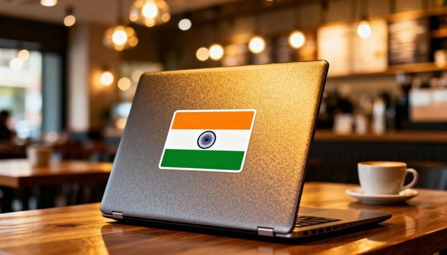 Sitting laptop featuring indian flag sticker in cozy café workspace with coffee cup