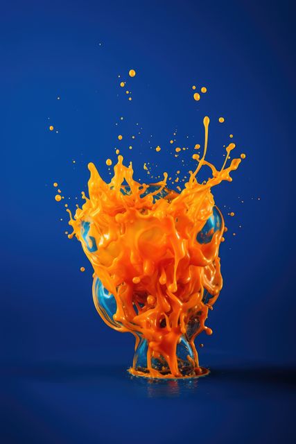 Close up of orange liquid splashing on blue background created using generative ai technology. Liquid and colour concept digitally generated image.