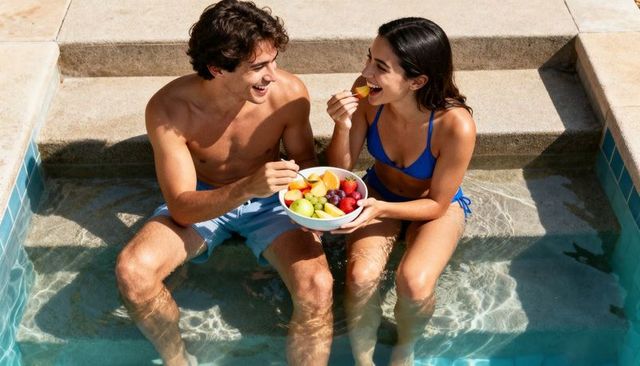 Smiling young couple sharing fresh fruit bowl on pool steps enjoying sunny summer romance