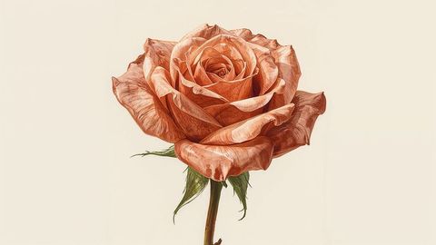 Peach-colored rose blossom in minimalist studio