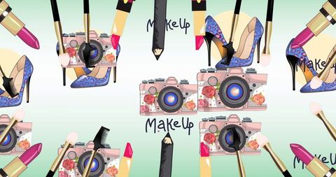 Colorful fashion icons and makeup pattern with camera elements