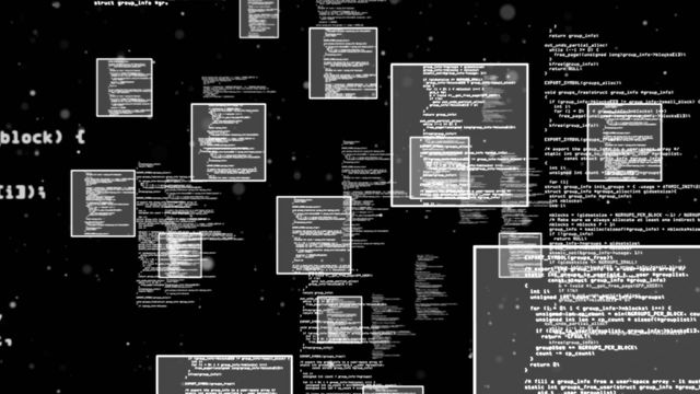 Abstract visualization of numerous coding screens floating over a black background, illuminating the digital environment. Ideal for illustrating concepts in technology, computer science, software development, data processing, and cybersecurity. Useful for tech presentations, educational content, and technology blogs.