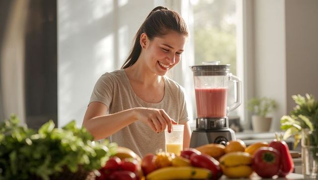 Young woman smiling and preparing fresh fruit smoothie with blender in bright kitchen