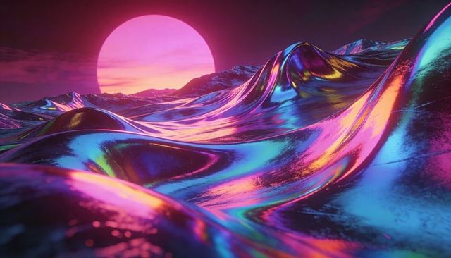 Iridescent neon liquid-metal dunes at magenta sun, futuristic glossy surreal landscape