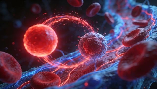 Spiky virus circling among red blood cells in microscopic 3d biomedical visualization