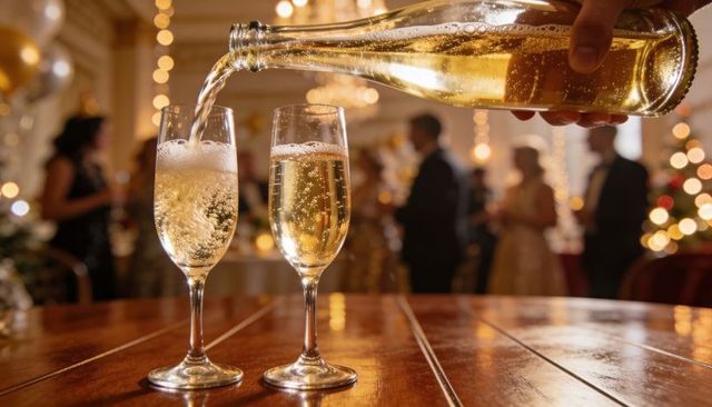 Pouring champagne into flutes at elegant reception, guests mingling, festive celebration