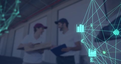 Delivery men with abstract digital network overlays