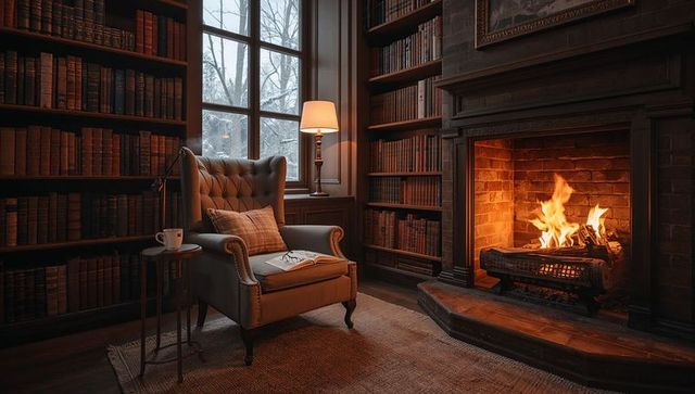 Cozy tufted leather wingback chair by roaring fireplace in classic wood-lined library
