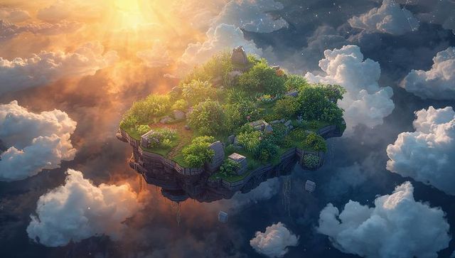 Sunlit floating island with lush vegetation and ancient ruins hovering above clouds