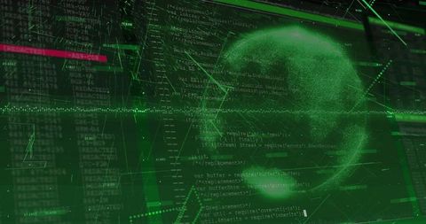 Futuristic Computer Code Display with Green Digital Globe