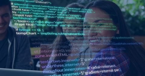 Programmers collaborating over code in cafe with laptops, coffee and digital code overlay