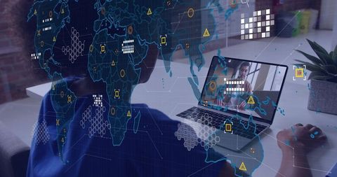 Remote professional connecting via video call with global digital map overlay and data icons