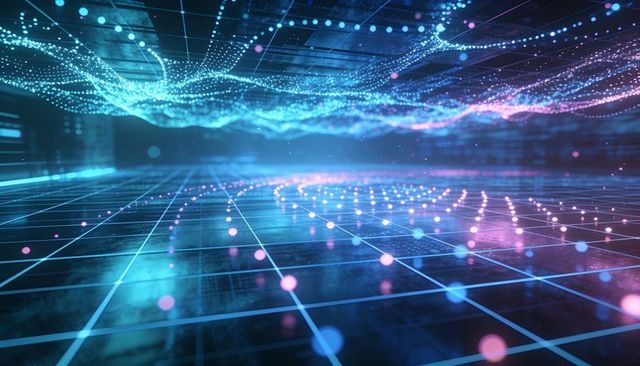 Glowing neon data wave hovering over reflective grid, futuristic holographic ai network