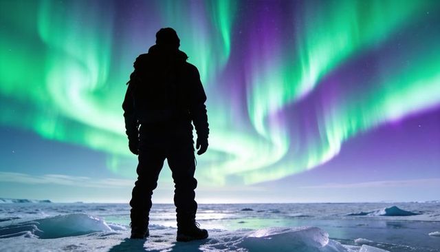 Standing silhouetted hiker watching aurora borealis over icy shoreline with green sky