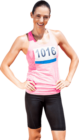 Female Runner Posing with Race Bib on Transparent Background