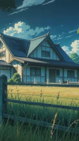 Vertical tilt revealing sunlit rustic farmhouse across golden field with drifting clouds