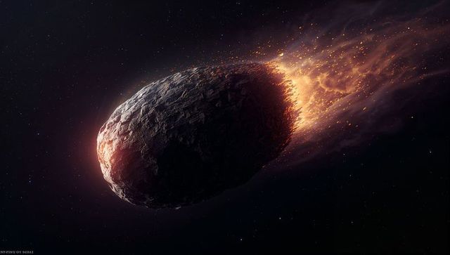 Molten asteroid moving through space shedding fiery plasma tail and glowing embers
