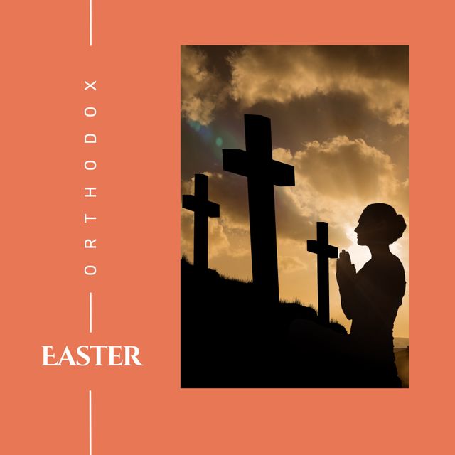 This image depicts a silhouette of a woman praying in front of crosses under a dramatic cloudy sky, likely at sunset. It emphasizes themes of faith, reflection, and spirituality, making it suitable for use in Orthodox Easter celebrations, religious publications, or websites focused on Christian spirituality.