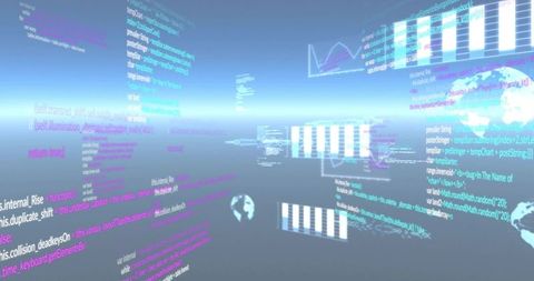 Floating holographic data panels and code streams receding into futuristic vr horizon