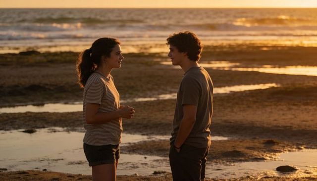 Young couple conversing on tidal beach at sunset with golden light and reflections