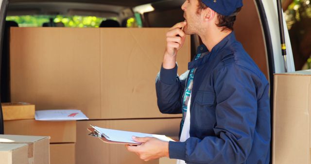 Image shows a delivery man organizing boxes in the back of a van while holding a clipboard. Ideal for illustrating delivery services, logistics management, courier businesses, transportation solutions, shipping, and professional work environments.