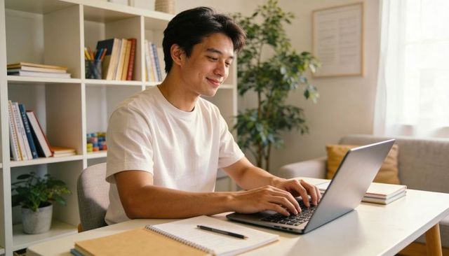 Young asian man typing on laptop in home workspace focusing on remote work and productivity