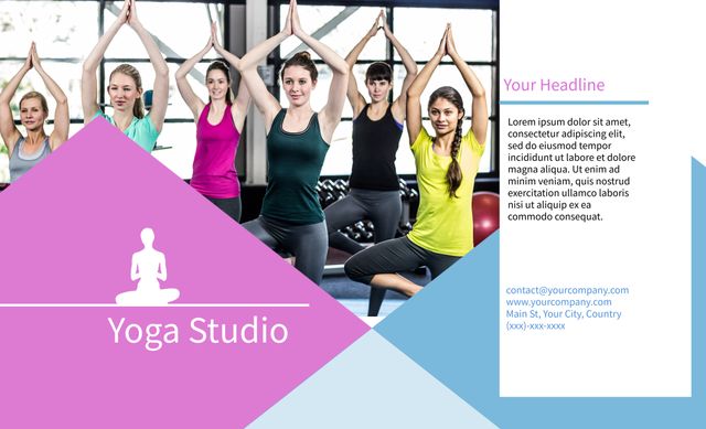 Flyer promoting a yoga studio offering serene group classes and wellness events. Features diverse participants engaged in yoga exercises, indicating a welcoming environment suitable for various fitness levels. Useful for promoting yoga studios, wellness centers, and community health events, emphasizing relaxation and healthy lifestyle choices.