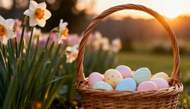 Sunlit wicker basket of pastel easter eggs among daffodils at golden hour
