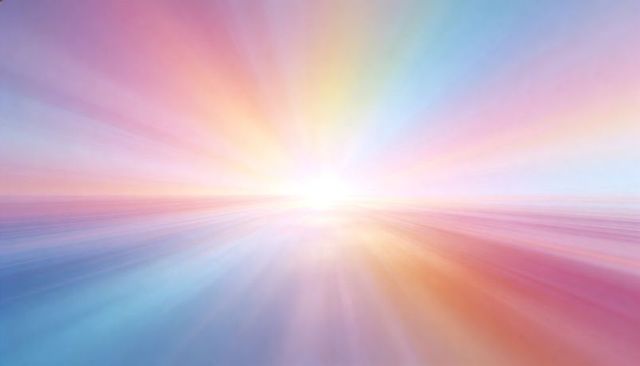 Pastel Sunrise Radiant Beams Over Calm Reflective Sea, Dreamy Gradient Horizon, Ethereal Glow