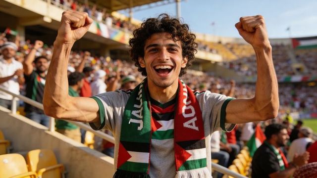 Passionate palestinian football fan cheering and raising fists in colorful stadium crowd