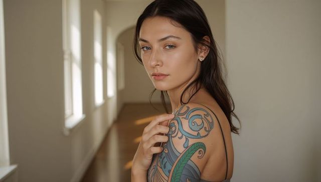 Sunlit portrait woman turning toward camera showing colorful shoulder tattoo and thin-strap top