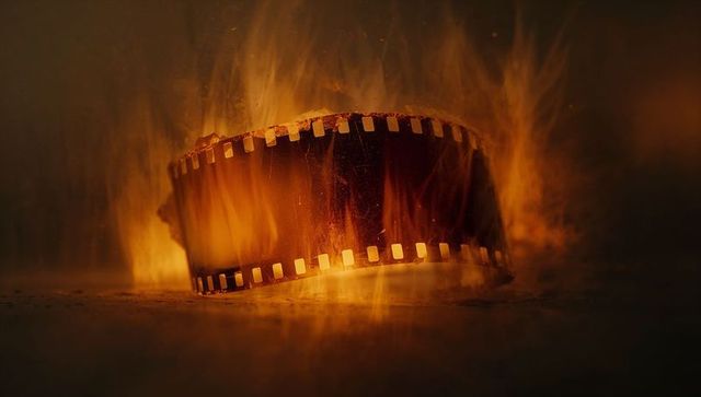 Burning Film Strip Ablaze with Flames and Smoke Evokes Nostalgic Drama