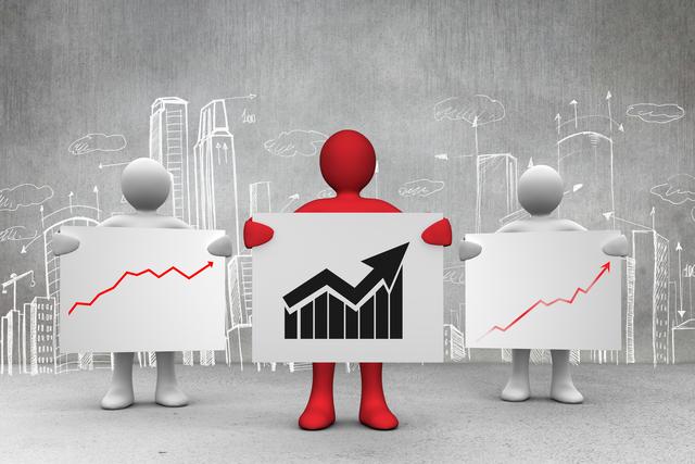 Figures holding posters with ascending graphs standing in front of illustrated cityscape. Perfect for concepts related to business growth, financial stability, and economic success. Useful for presentations, websites, and business reports that emphasize positive trends and achievement.