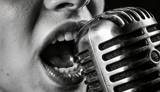 Closeup singing mouth with glossy lips near vintage chrome microphone, dramatic monochrome