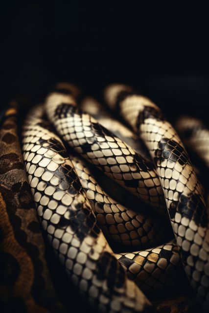 Close up of black and cream patterned shiny coils of snakeskin - Download Free Stock Photos Pikwizard.com