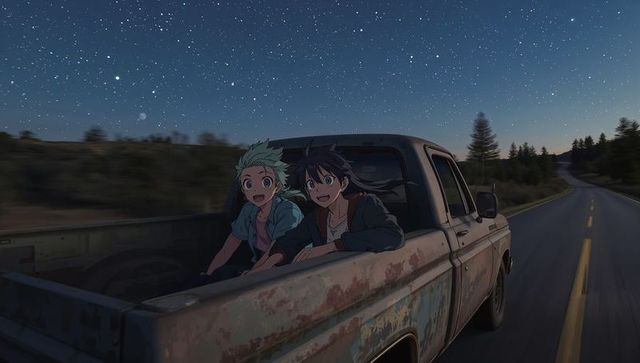 Adventurous friends on night drive under starry sky