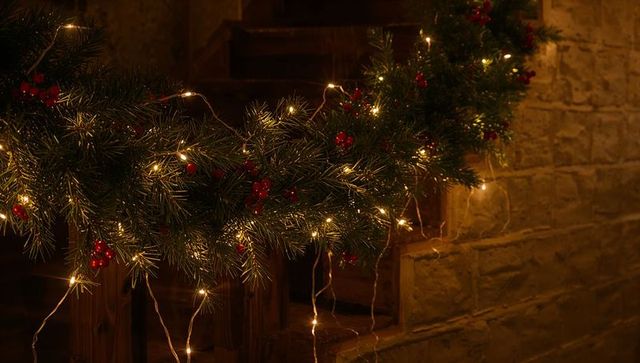Cozy evergreen garland draping rustic staircase banister with warm twinkling fairy lights