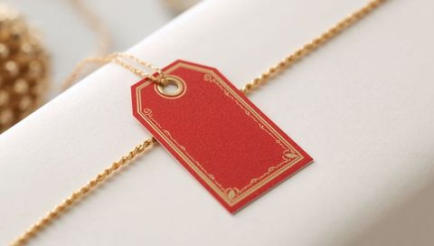 Red gift tag with gold border and grommet on white matte paper with gold chain closeup