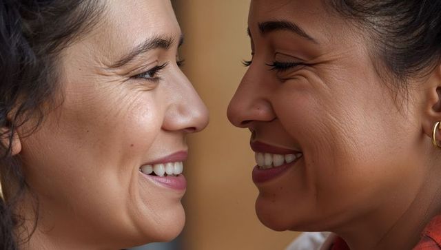 Closeup two women smiling face-to-face sharing intimacy and warmth
