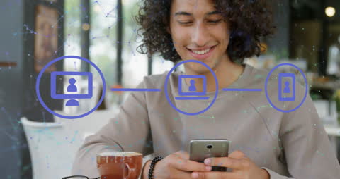 Smiling Young Man Using Smartphone with Digital Networking Icons