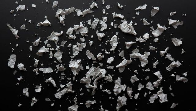 Torn white paper fragments on dark surface showing contrast