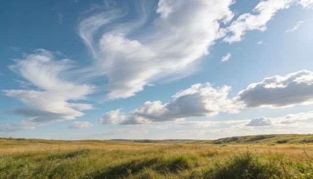 Swaying golden prairie meadow under dramatic cirrus and cumulus skies