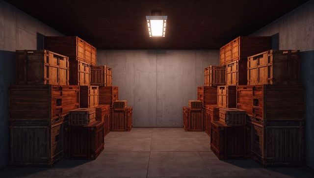 Amber-lit industrial storage room with stacked wooden crates and dramatic overhead lighting